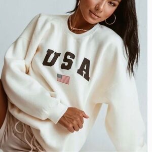 PRINCESS POLLY “USA” Oversized Crewneck Sweater Cream Heavyweight‎ Comfy Cozy 12